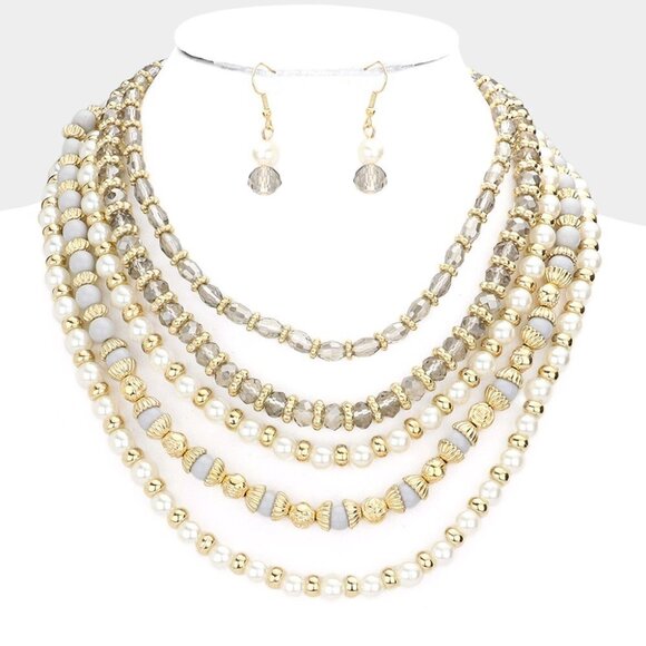 NEW Gray Gold Pearl Beaded Multi Layered Statement Necklace - Picture 8 of 8